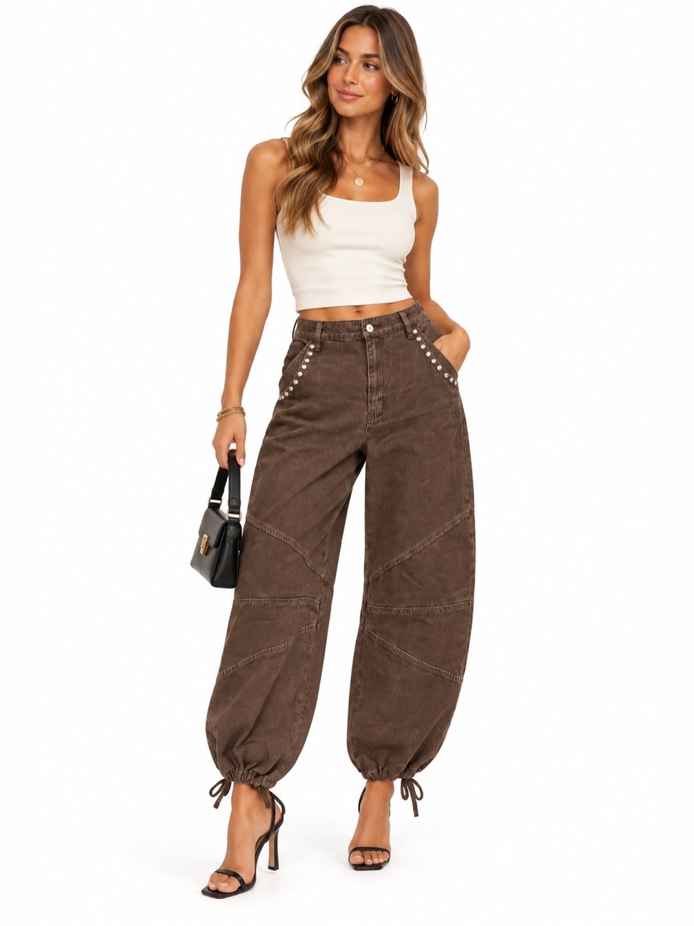Blue B Brown Washed Denim Jogger Pants Size L NWT Studded Balloon Utility